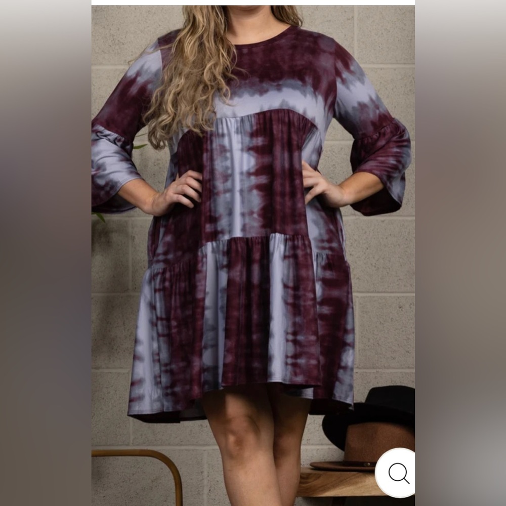 NWOT Burgundy Tie Dye Plus Size Casual Midi Dress with Side Pockets Bohemian